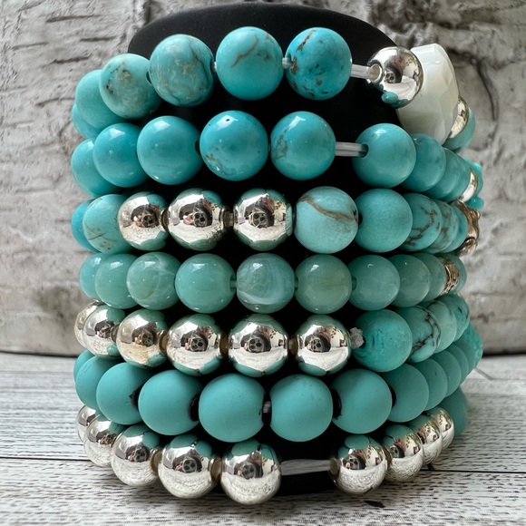 Turquoise Blue & Silver Buddha Bracelet Set -Stacked Bracelet Bead Bracelet Set - Picture 16 of 16